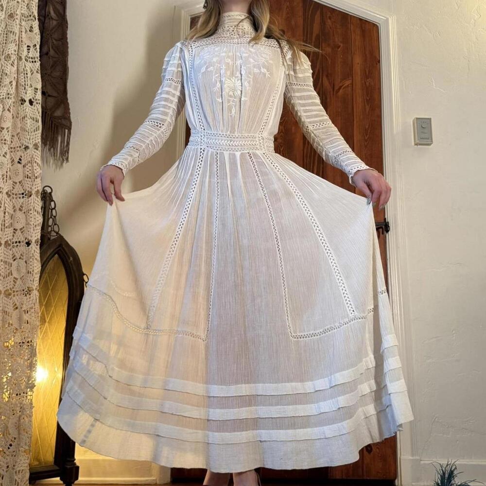 Antique Edwardian Off White Cotton Lace Dress Maxi Wedding Tea Lawn Gown Vintage